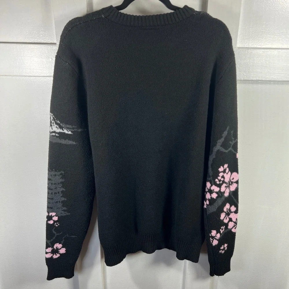 RGSTR Mens Large Black Crane Cherry Blossom Mount Fuji Graphic Knit Sweater
